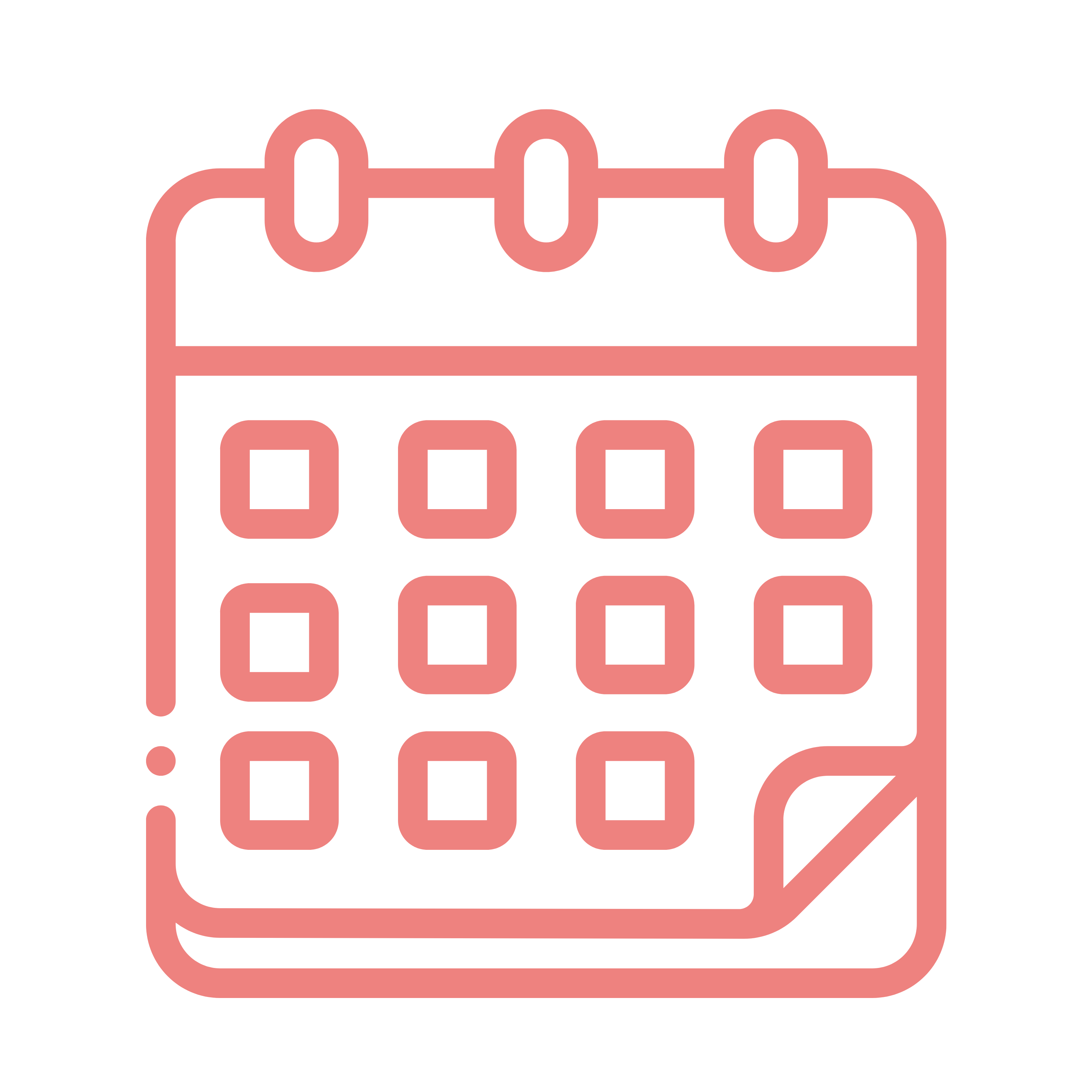 Icon of a calendar with a page curl and date boxes.