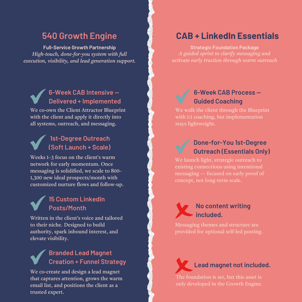 Infographic outlining the 5-step CAB process and 5 LinkedIn essentials for growth.