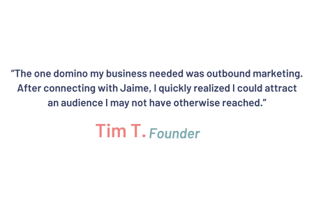 A business card for Tim T., Founder, with contact details and website.