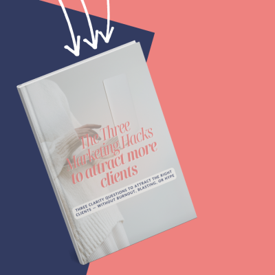 A book titled "Three Marketing Hacks That Drive More Clients" with arrows pointing to it.